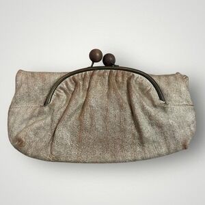 Erva Vintage Clutch Bag Gold Metallic Wooden Kiss Lock Retro Glam MCM Retro Chic